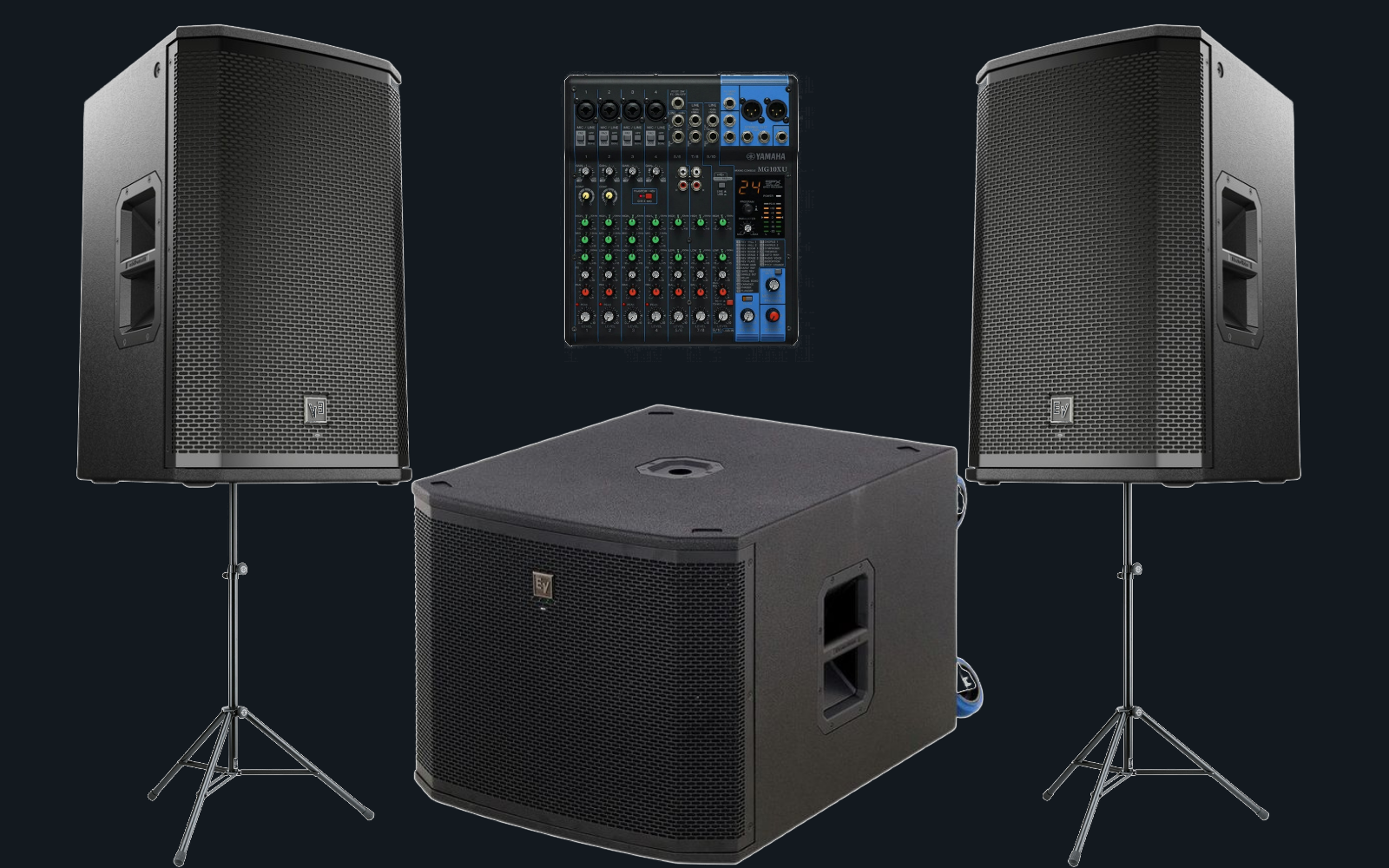 Festpakke med to topper, mikser og 18" subwoofer